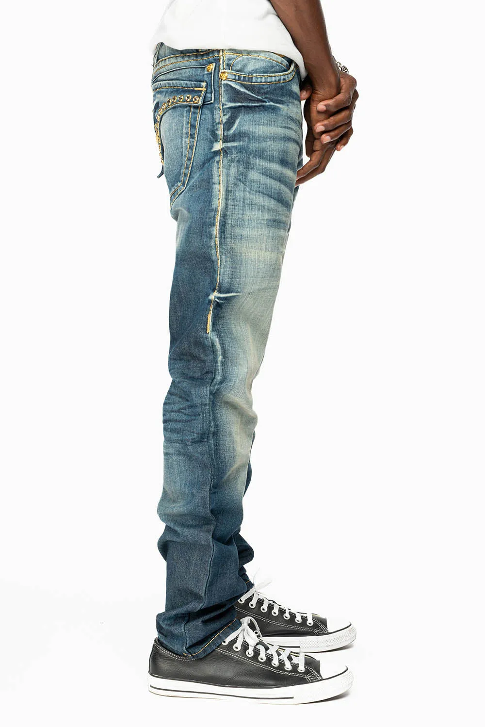MENS LONG FLAP SLIM JEANS IN BLUE ALBANY DARK WASH WITH CLEAR CRYSTALS sold by Robin's Jean product image thumbnail 3