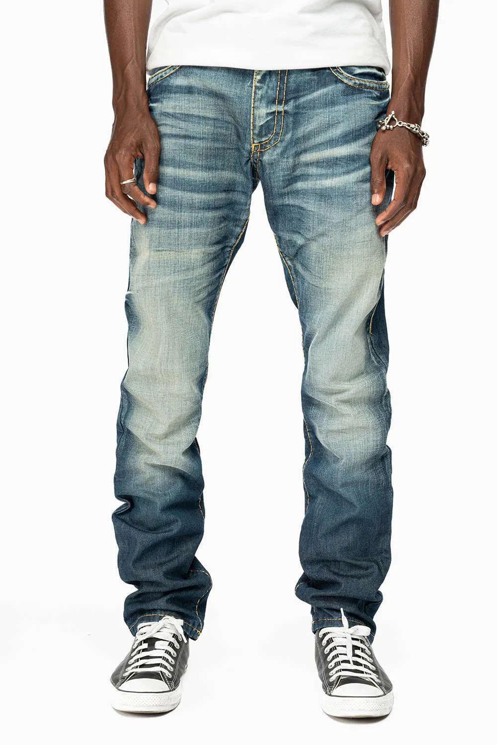 MENS LONG FLAP SLIM JEANS IN BLUE ALBANY DARK WASH WITH CLEAR CRYSTALS sold by Robin's Jean