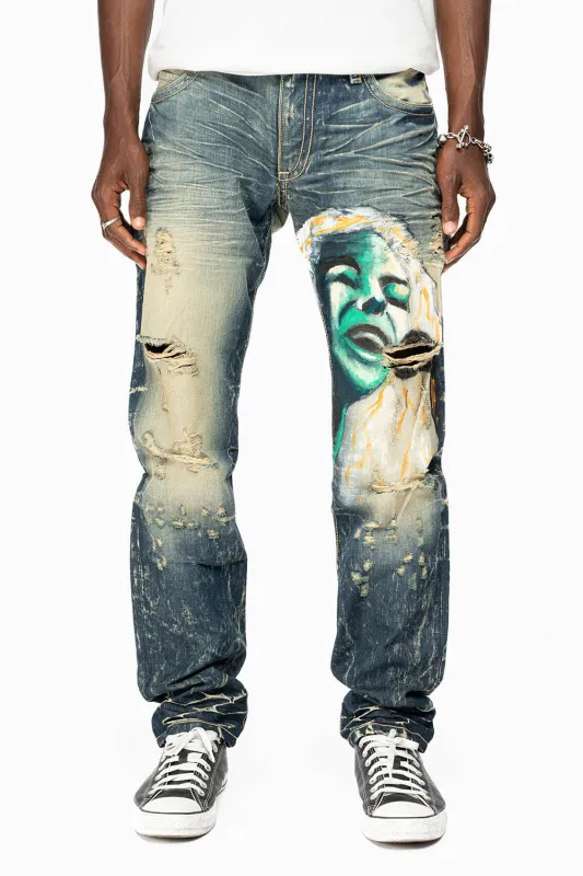 MENS LONG FLAP SLIM JEANS IN 5D DARK BROKEN WASH WITH HAND PAINTED GRAPHIC sold by Robin's Jean