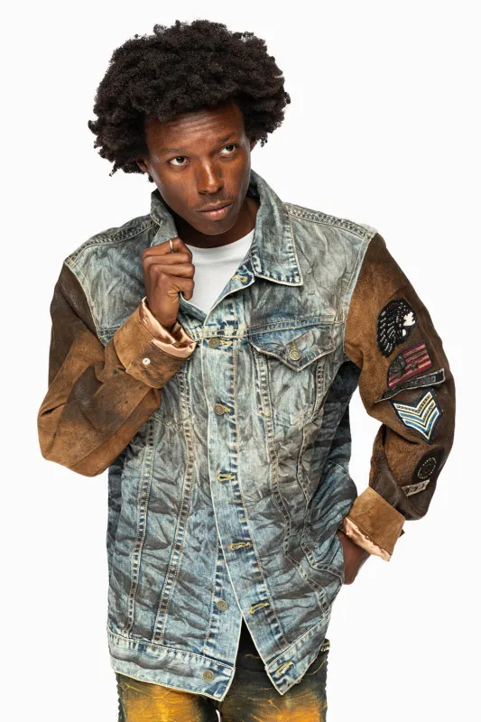 MEN’S  DENIM/LEATHER JACKET IN D WASH BROWN WITH PATCHES sold by Robin's Jean