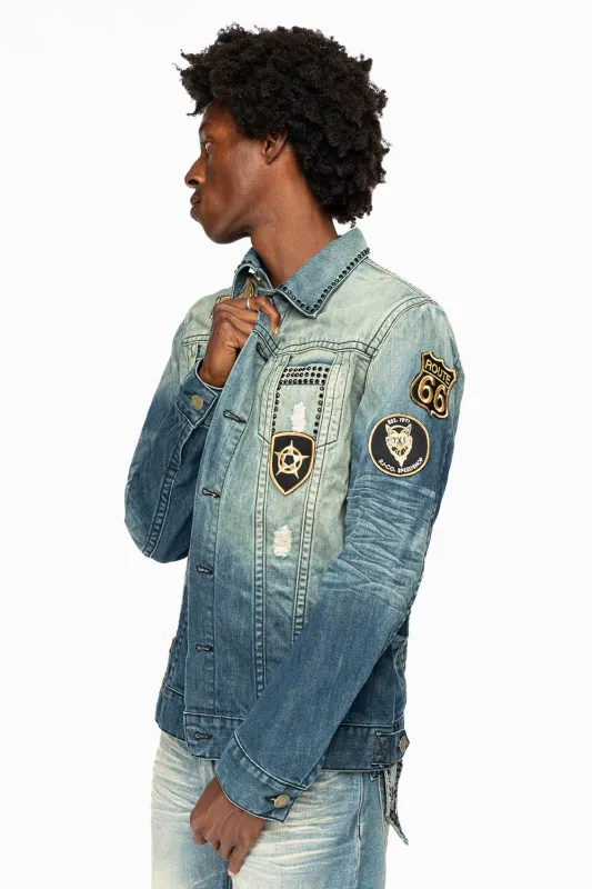 MENS DENIM JACKET IN BLUE ALBANY DARK  EMBELLISHED WITH JET BLK CRYSTALS AND PATCHES sold by Robin's Jean