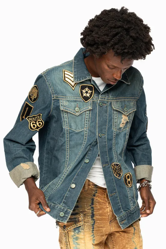 ROBINS MOTORCYCLE CLUB DENIM JACKET IN SMOKY BLUE BROKEN WASH WITH MULTIPLE  PATCHES sold by Robin's Jean