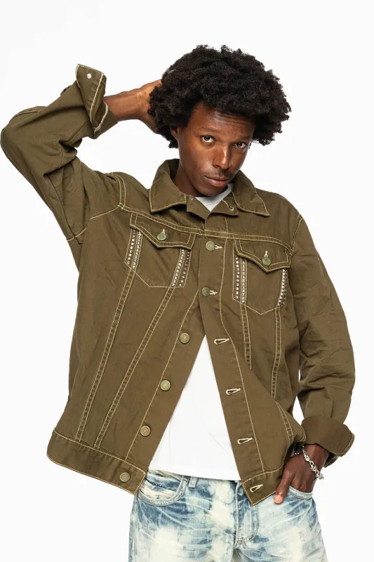 DRK GREEN JEAN JACKET EMBELISHED WITH CLEAR CRYSTALS AND PYRAMID sold by Robin's Jean