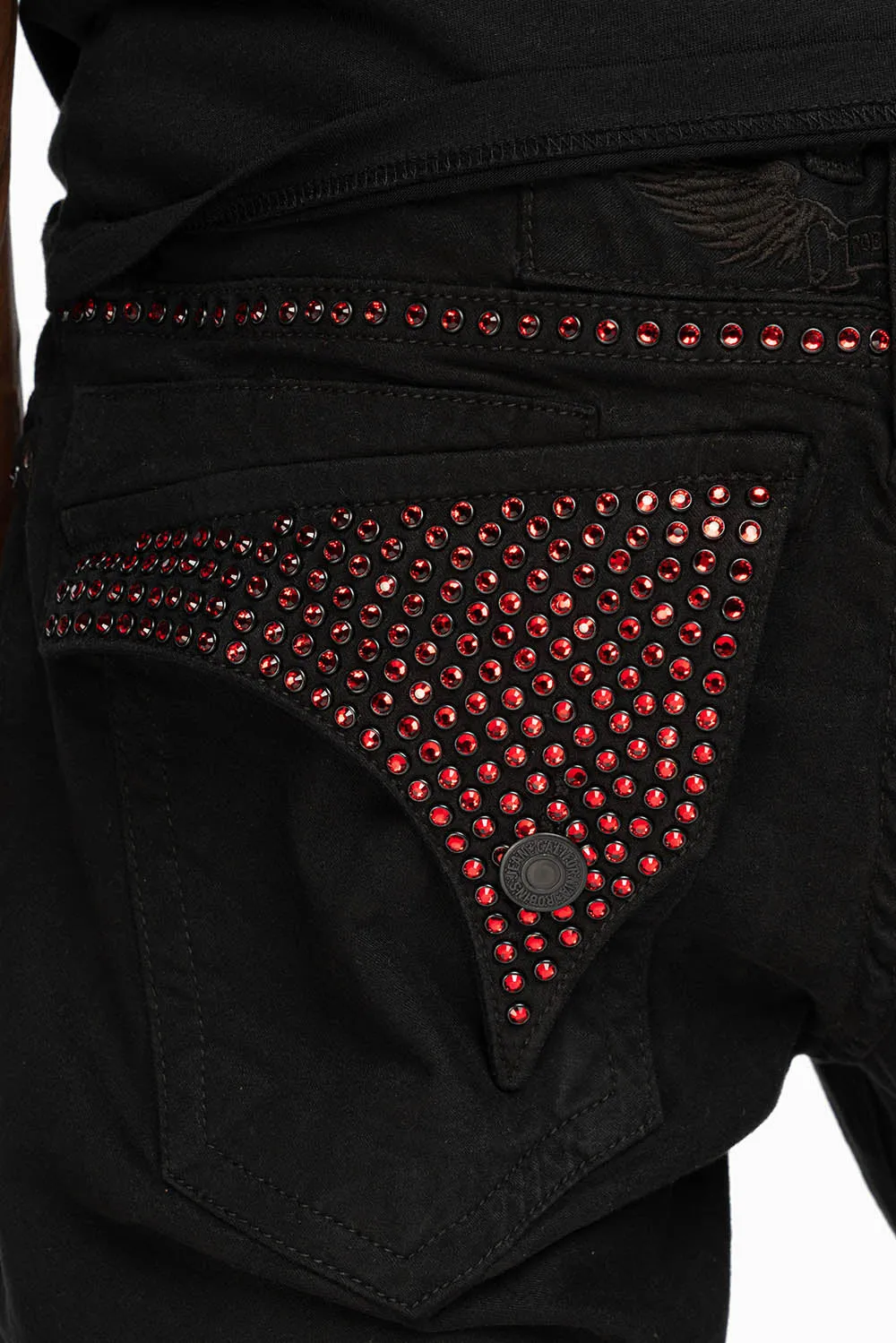 LONG FLAP SLIM FIT MENS JEANS WITH RED CRYSTALS IN OVER-DYE BLACK sold by Robin's Jean product image thumbnail 2