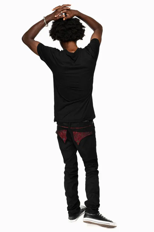 LONG FLAP SLIM FIT MENS JEANS WITH RED CRYSTALS IN OVER-DYE BLACK sold by Robin's Jean