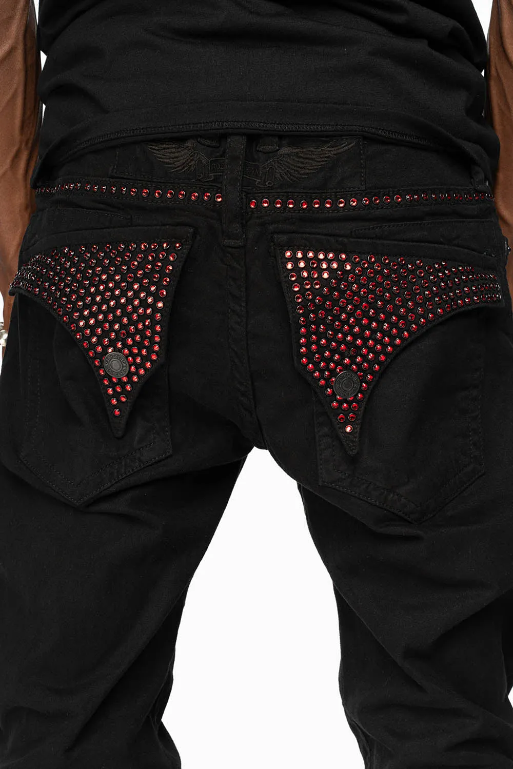 LONG FLAP SLIM FIT MENS JEANS WITH RED CRYSTALS IN OVER-DYE BLACK sold by Robin's Jean product image thumbnail 3