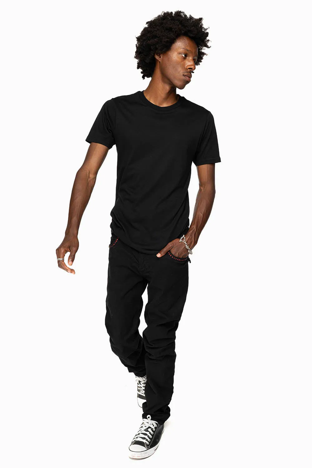 LONG FLAP SLIM FIT MENS JEANS WITH RED CRYSTALS IN OVER-DYE BLACK sold by Robin's Jean product image thumbnail 5