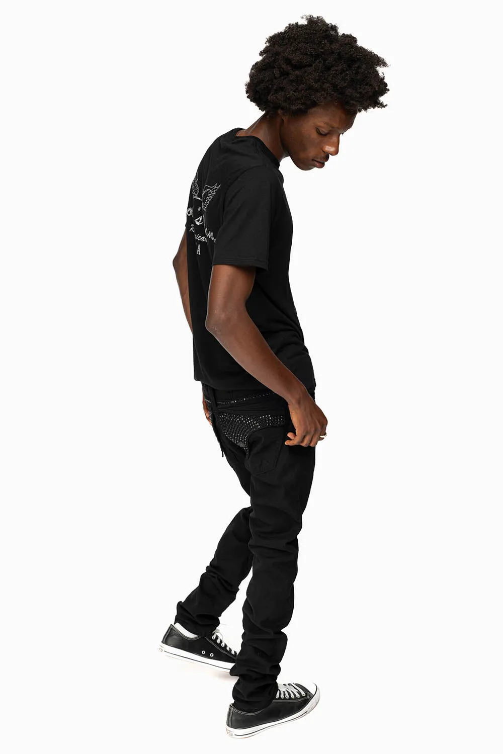 LONG FLAP SLIM FIT MENS JEANS WITH JET BLK CRYSTALS IN OVER-DYE BLACK sold by Robin's Jean product image thumbnail 4