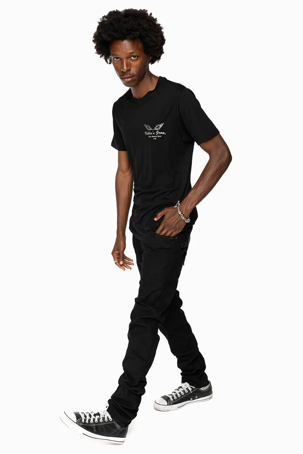 LONG FLAP SLIM FIT MENS JEANS WITH JET BLK CRYSTALS IN OVER-DYE BLACK sold by Robin's Jean product image thumbnail 5