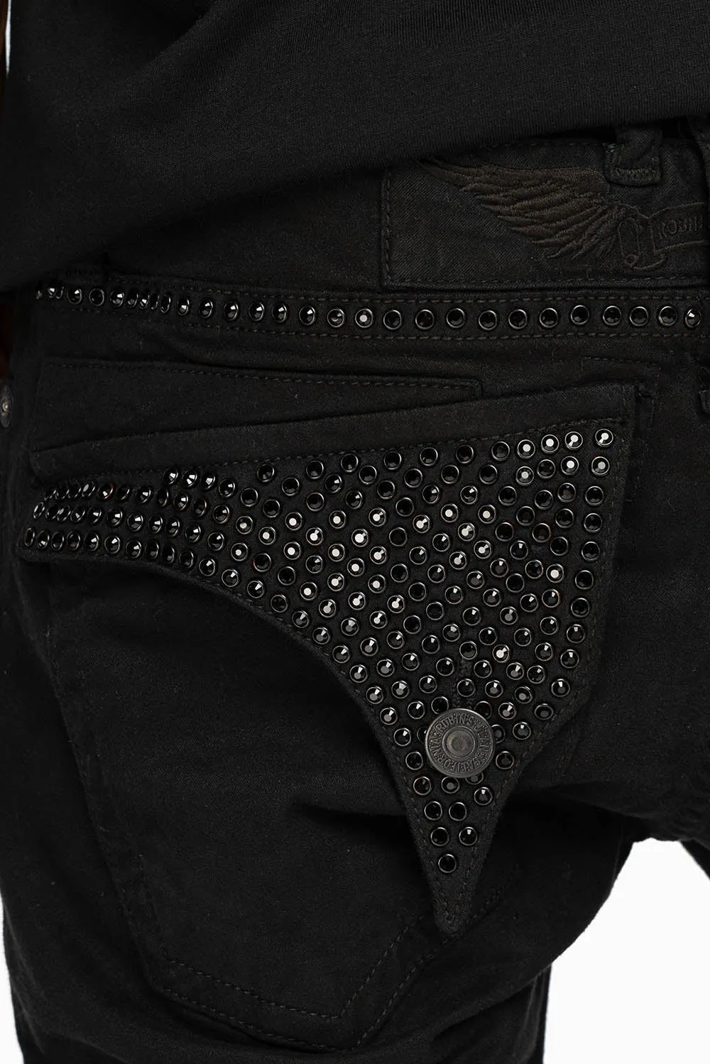 LONG FLAP SLIM FIT MENS JEANS WITH JET BLK CRYSTALS IN OVER-DYE BLACK sold by Robin's Jean product image thumbnail 3