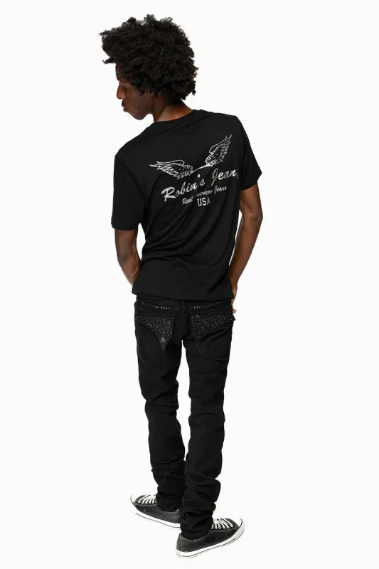 LONG FLAP SLIM FIT MENS JEANS WITH JET BLK CRYSTALS IN OVER-DYE BLACK sold by Robin's Jean