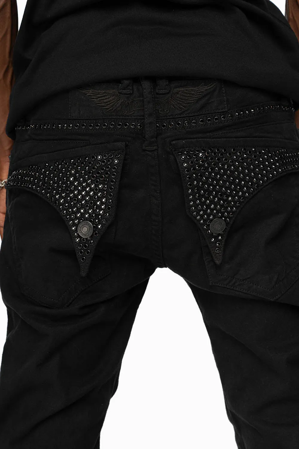 LONG FLAP SLIM FIT MENS JEANS WITH JET BLK CRYSTALS IN OVER-DYE BLACK sold by Robin's Jean product image thumbnail 2