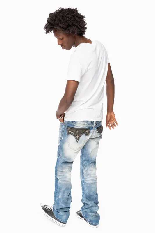ROBIN'S LIMITED EDITION JEANS IN VINTAGE  AQUARAMA WASH WITH BLK LEATHER FLAP EMBELLISHED WITH CRYSTALS AND NAIL HEADS sold by Robin's Jean