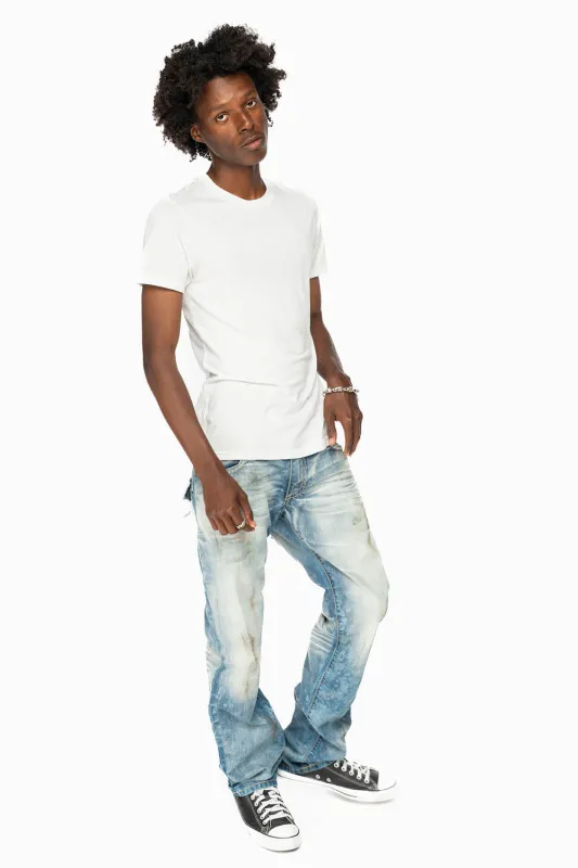 ROBIN'S LIMITED EDITION JEANS IN VINTAGE AQUARAMA WASH WITH BROWN LEATHER FLAP EMBELLISHED WITH CRYSTALS AND NAIL HEADS sold by Robin's Jean