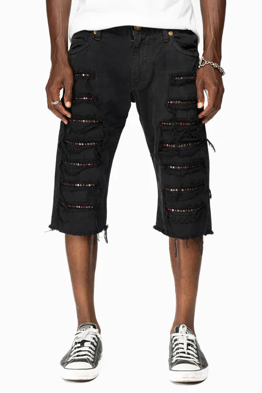 MENS DESTROYED SHORTS WITH KILLER FLAP POCKET IN BLACK WITH STUDS AND CRYSTALS sold by Robin's Jean