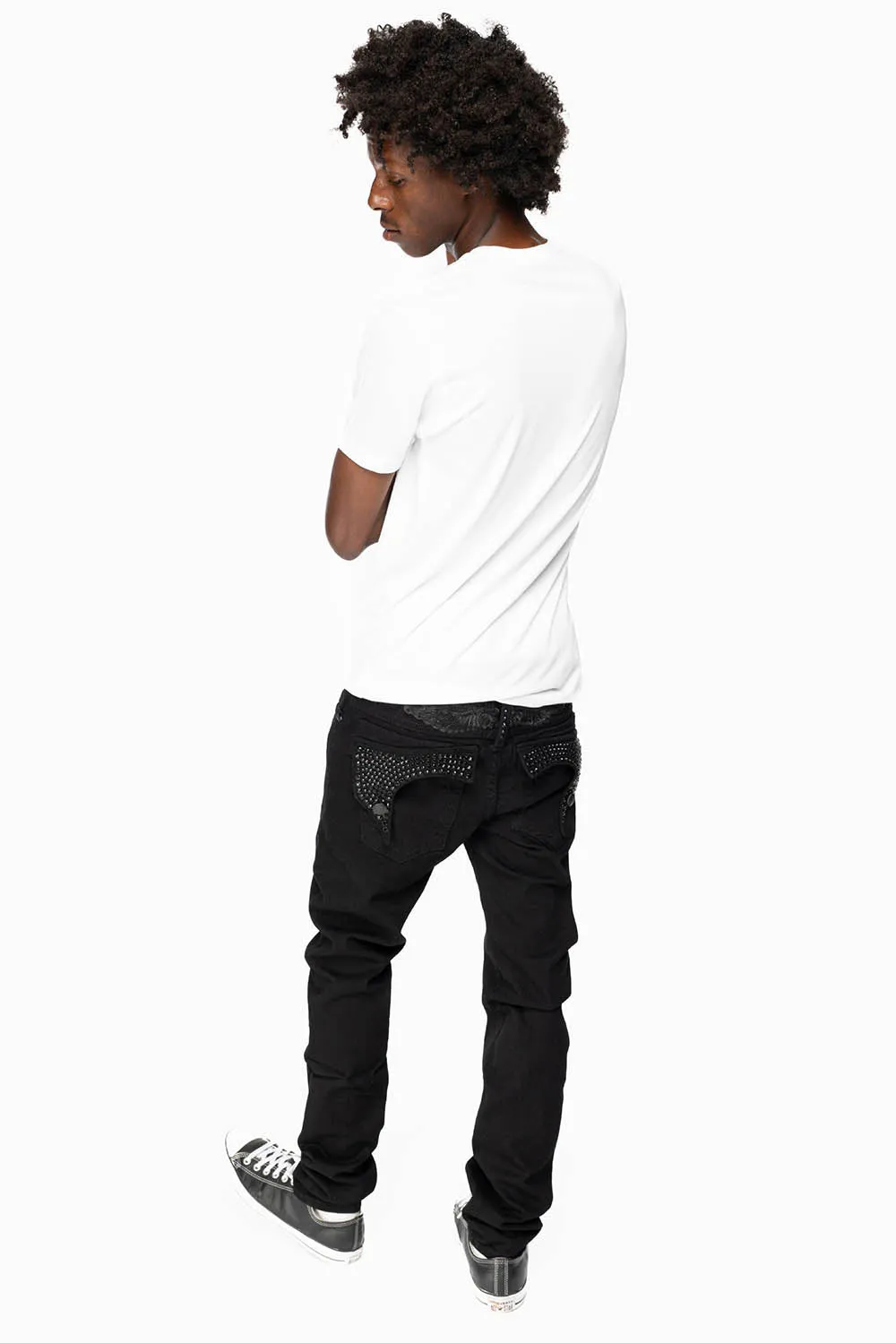 KILLER FLAP MENS SKINNY JEANS IN PURE BLACK   FULLY EMBELLISHED JET BLK CRYSTALS sold by Robin's Jean