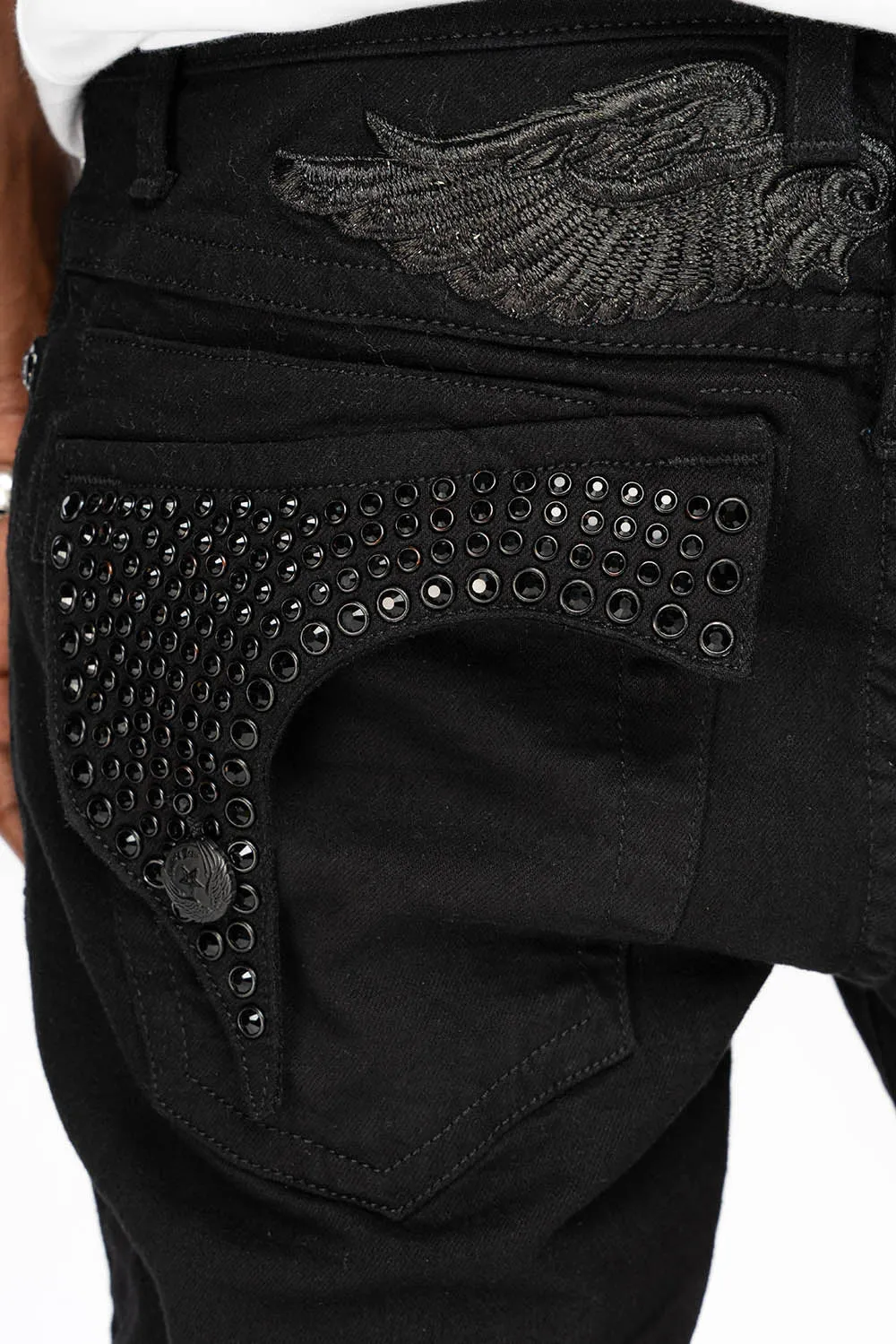 KILLER FLAP MENS SKINNY JEANS IN PURE BLACK   FULLY EMBELLISHED JET BLK CRYSTALS sold by Robin's Jean product image thumbnail 2