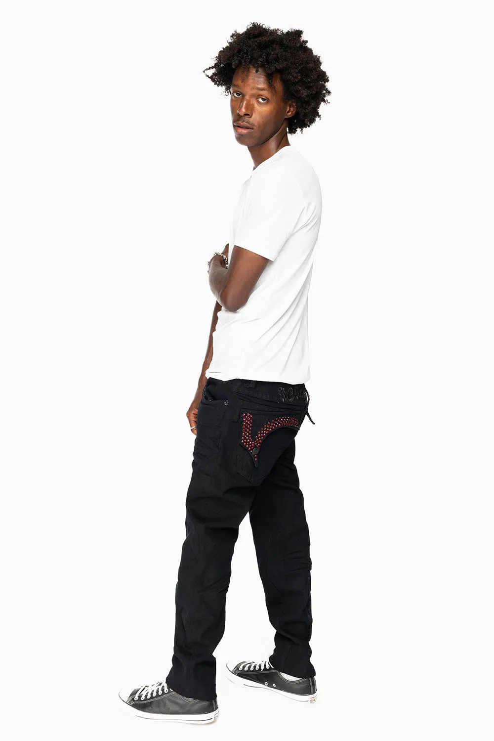 KILLER FLAP MENS SKINNY JEANS IN PURE BLACK EMBELLISHED WITH RED CRYSTALS sold by Robin's Jean product image thumbnail 5