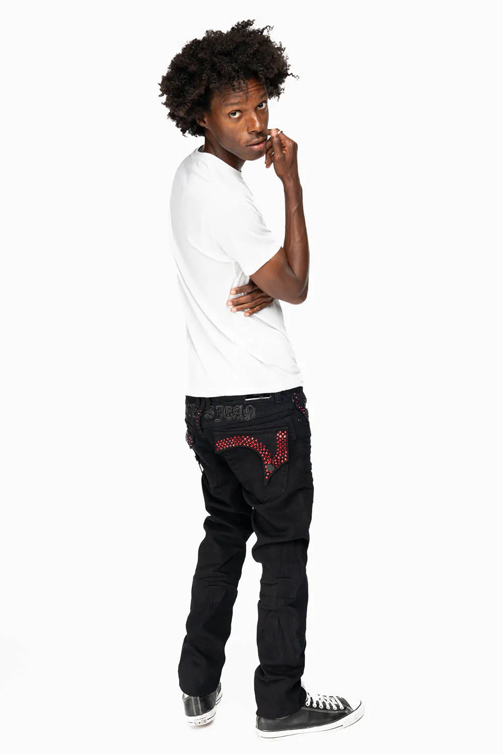 KILLER FLAP MENS SKINNY JEANS IN PURE BLACK EMBELLISHED WITH RED CRYSTALS sold by Robin's Jean product image thumbnail 4