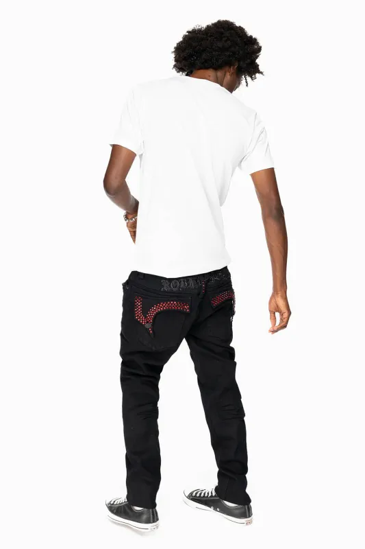 KILLER FLAP MENS SKINNY JEANS IN PURE BLACK  EMBELLISHED WITH RED CRYSTALS sold by Robin's Jean