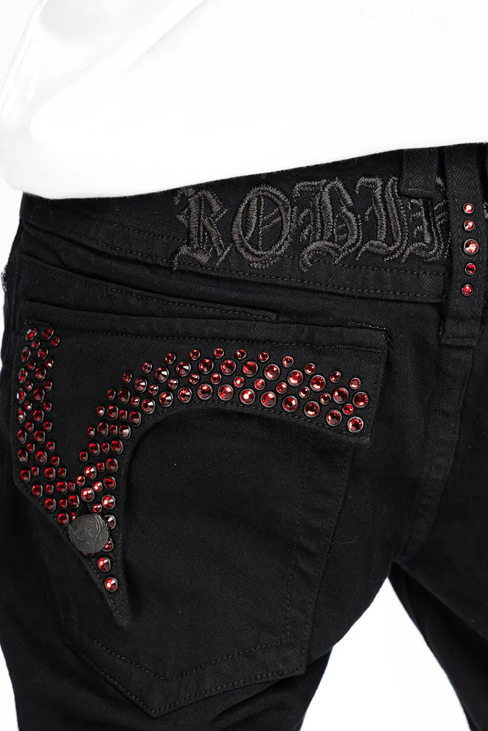 KILLER FLAP MENS SKINNY JEANS IN PURE BLACK EMBELLISHED WITH RED CRYSTALS sold by Robin's Jean product image thumbnail 2