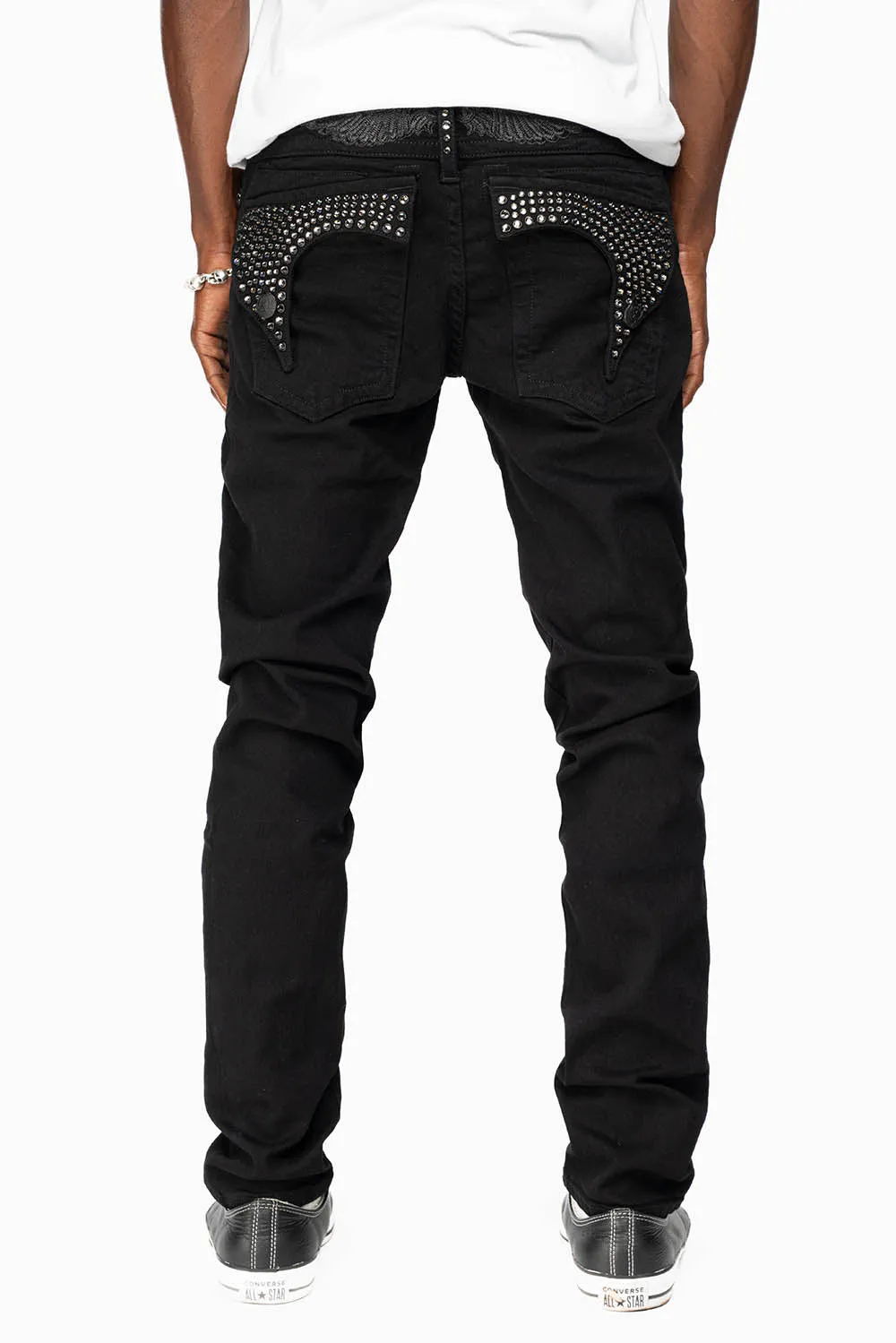 KILLER FLAP MENS SKINNY JEANS IN PURE BLACK FULLY EMBELLISHED WITH BLK DIAMOND CRYSTALS sold by Robin's Jean product image thumbnail 5