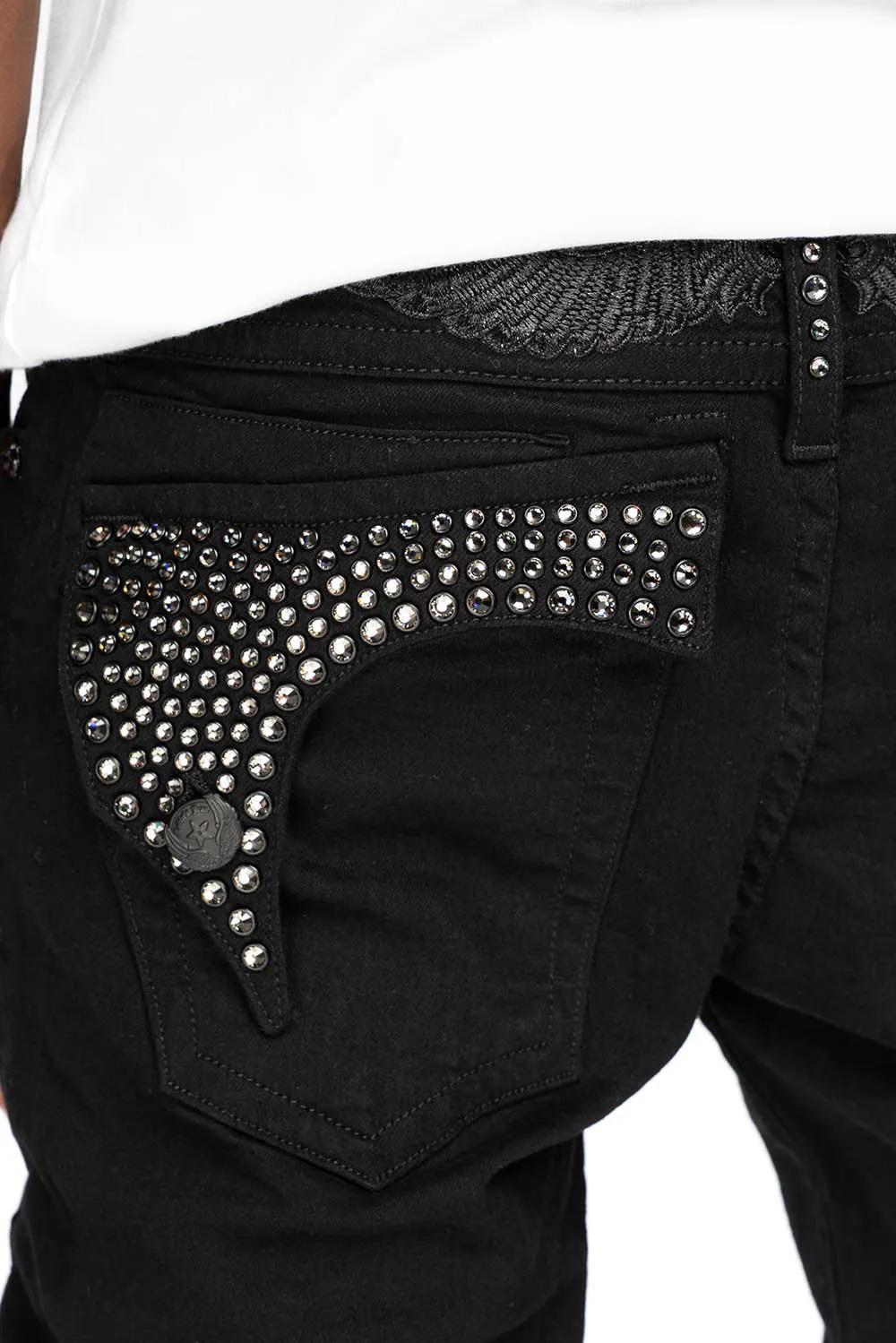 KILLER FLAP MENS SKINNY JEANS IN PURE BLACK FULLY EMBELLISHED WITH BLK DIAMOND CRYSTALS sold by Robin's Jean product image thumbnail 2