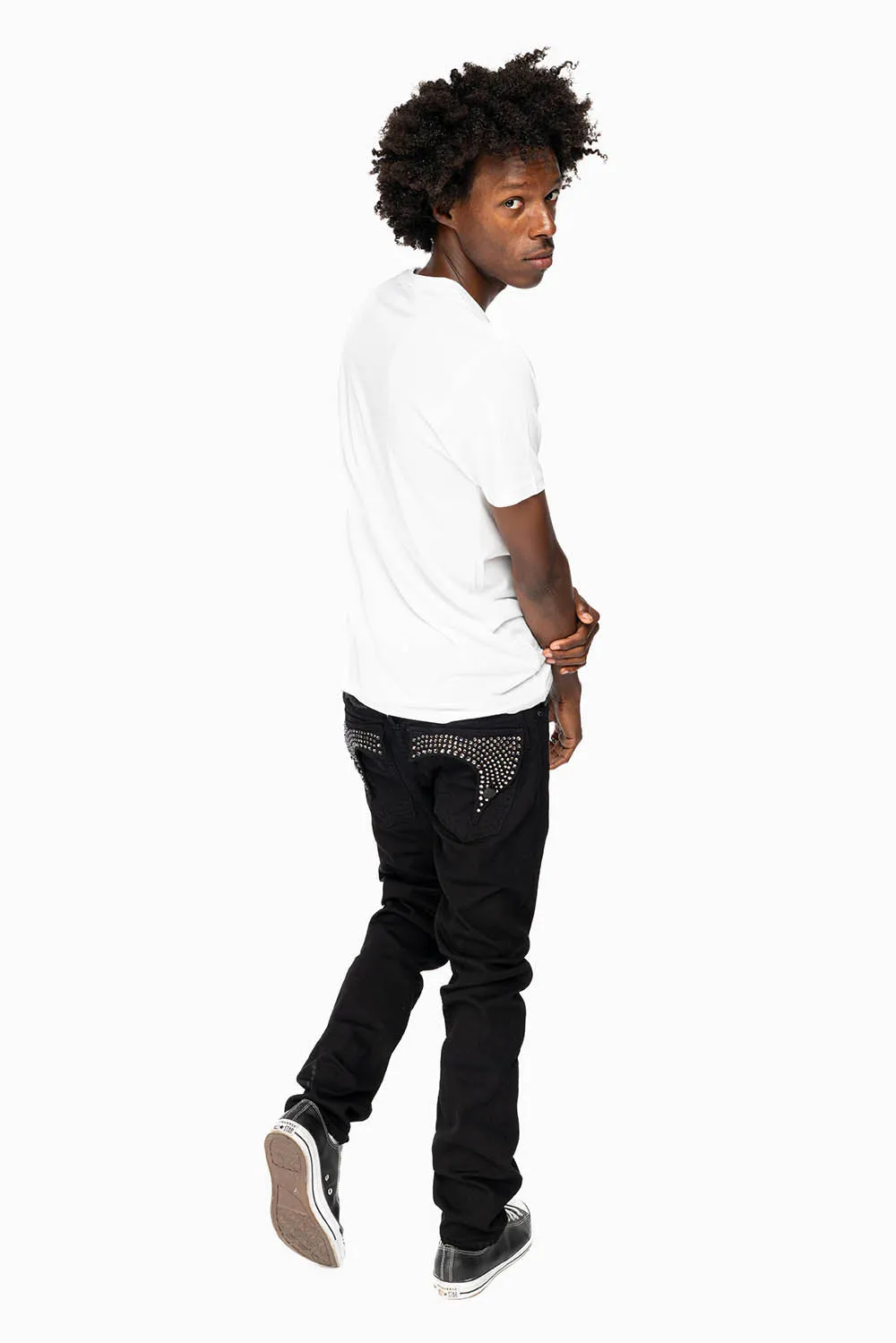 KILLER FLAP MENS SKINNY JEANS IN PURE BLACK FULLY EMBELLISHED WITH BLK DIAMOND CRYSTALS sold by Robin's Jean product image thumbnail 3