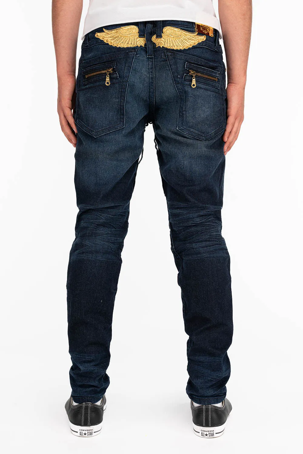 MENS NEW BIKER SKINNY JEANS IN LIBERTY DARK BLUE WITH GOLD WINGS sold by Robin's Jean product image thumbnail 2