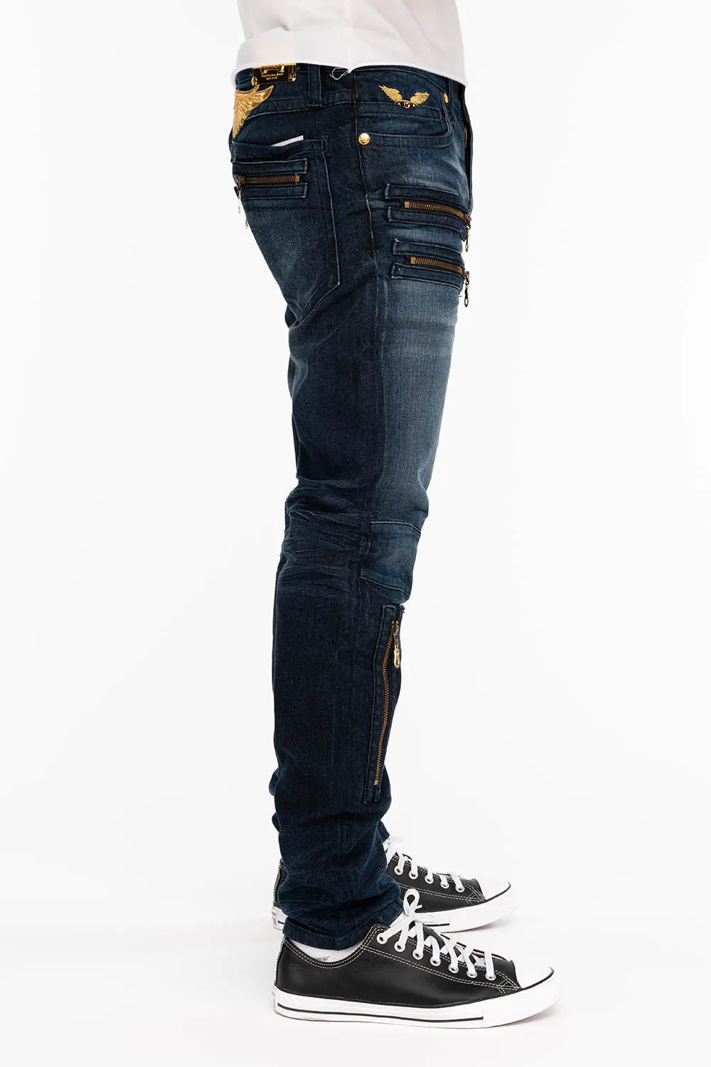 MENS NEW BIKER SKINNY JEANS IN LIBERTY DARK BLUE WITH GOLD WINGS sold by Robin's Jean product image thumbnail 4