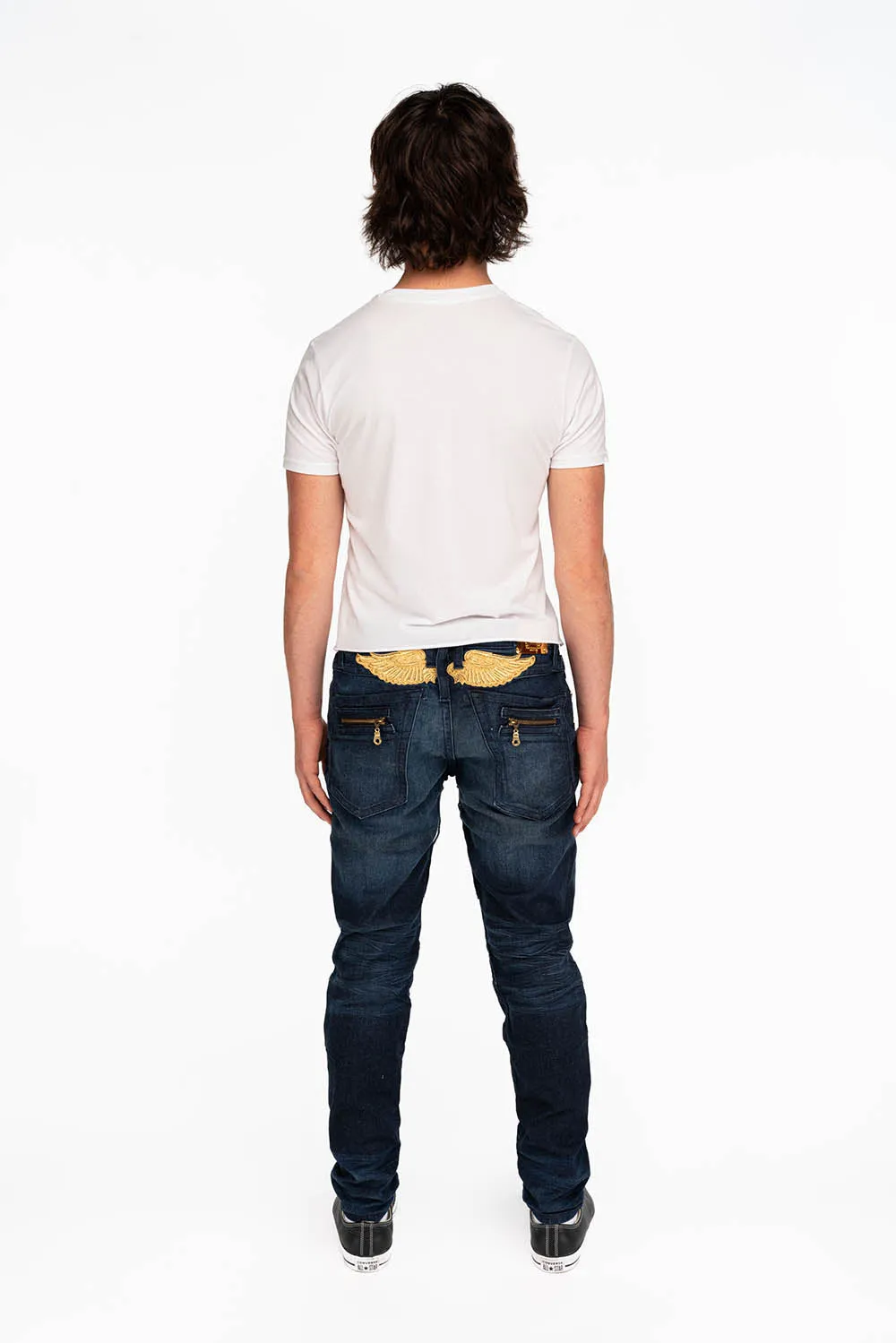 MENS NEW BIKER SKINNY JEANS IN LIBERTY DARK BLUE WITH GOLD WINGS sold by Robin's Jean product image thumbnail 5