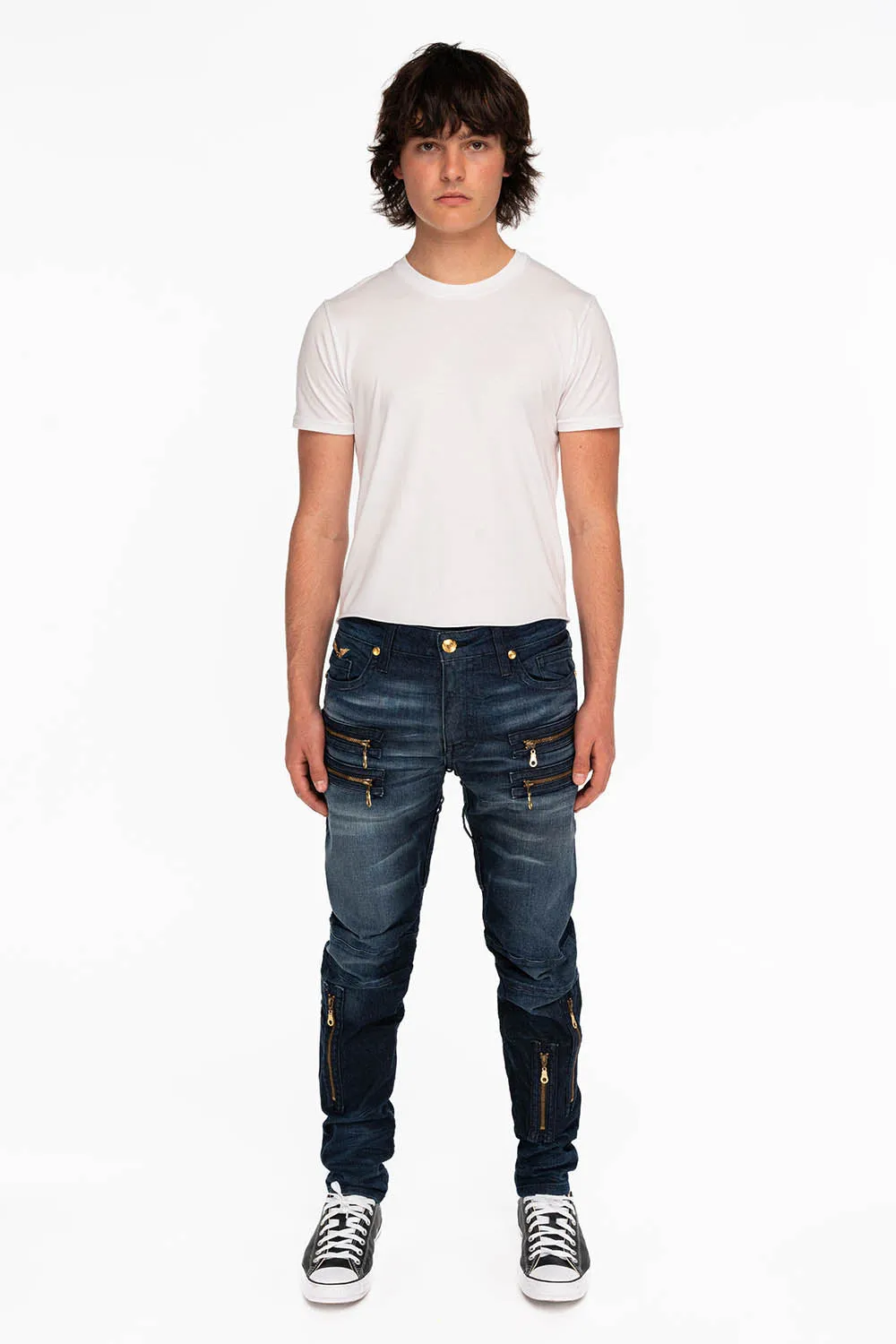 MENS NEW BIKER SKINNY JEANS IN LIBERTY DARK BLUE WITH GOLD WINGS sold by Robin's Jean product image thumbnail 3