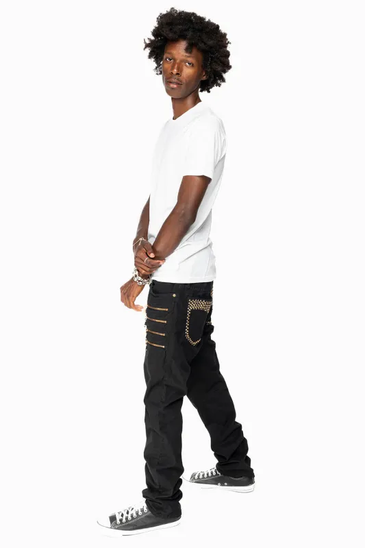 MENS MOTORCYCLE ZIPPER SLIM JEANS IN BLACK WITH STUDS AND CRYSTALS sold by Robin's Jean