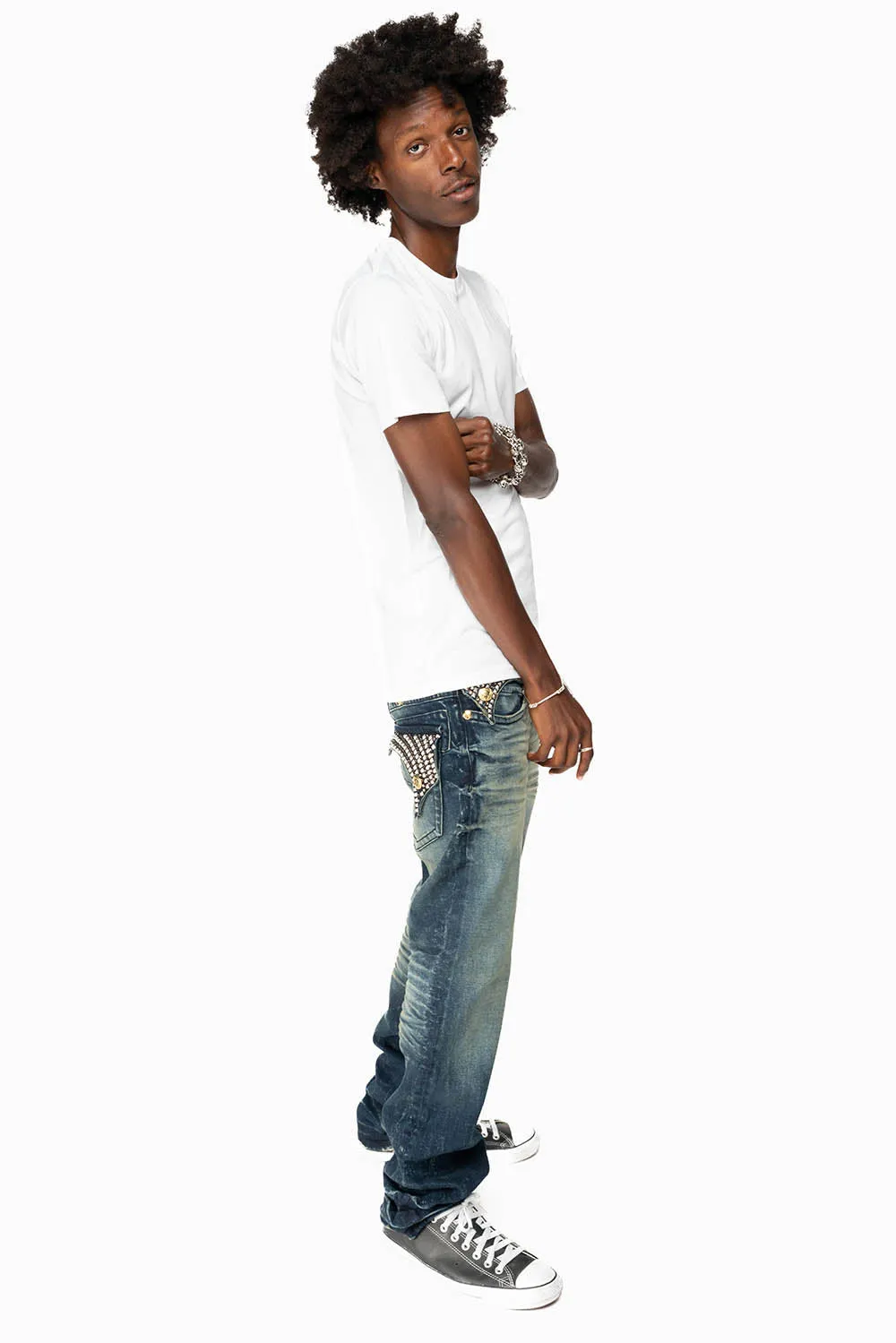 KILLER FLAP MENS STRAIGHT LEG JEAN IN 4D DARK BLUE WASH WITH STUDS AND CRYSTALS sold by Robin's Jean product image thumbnail 5