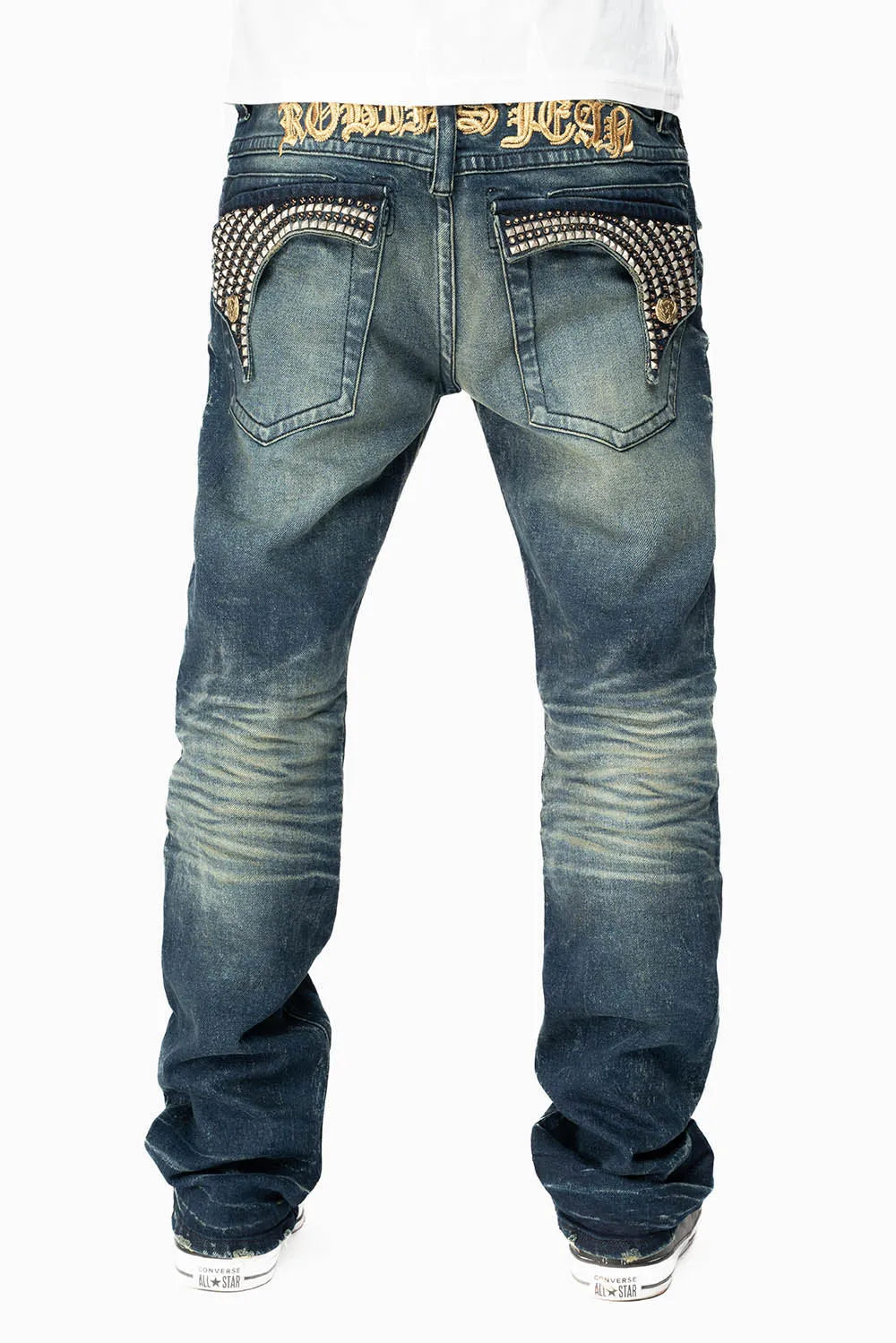 KILLER FLAP MENS STRAIGHT LEG JEAN IN 4D DARK BLUE WASH WITH STUDS AND CRYSTALS sold by Robin's Jean product image thumbnail 4