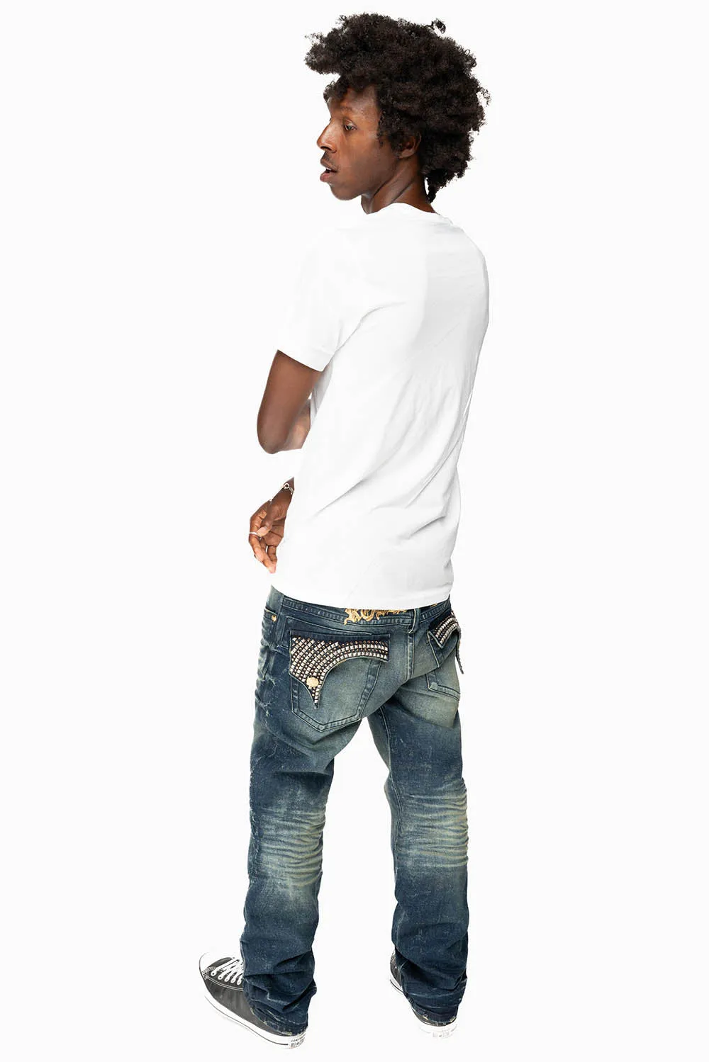KILLER FLAP MENS STRAIGHT LEG JEAN IN 4D DARK BLUE WASH WITH STUDS AND CRYSTALS sold by Robin's Jean