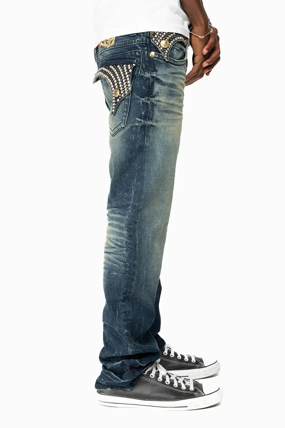 KILLER FLAP MENS STRAIGHT LEG JEAN IN 4D DARK BLUE WASH WITH STUDS AND CRYSTALS sold by Robin's Jean product image thumbnail 3
