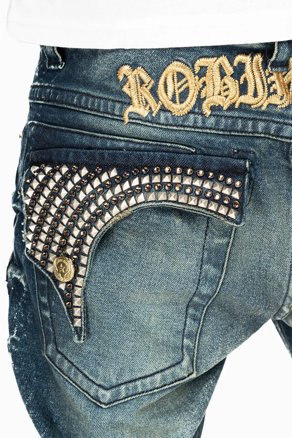 KILLER FLAP MENS STRAIGHT LEG JEAN IN 4D DARK BLUE WASH WITH STUDS AND CRYSTALS sold by Robin's Jean product image thumbnail 2