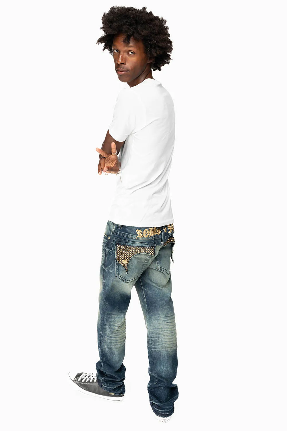 KILLER FLAP MENS STRAIGHT LEG JEAN IN 4D DARK BLUE WASH EMBELLISHED WITH CRYSTALS sold by Robin's Jean