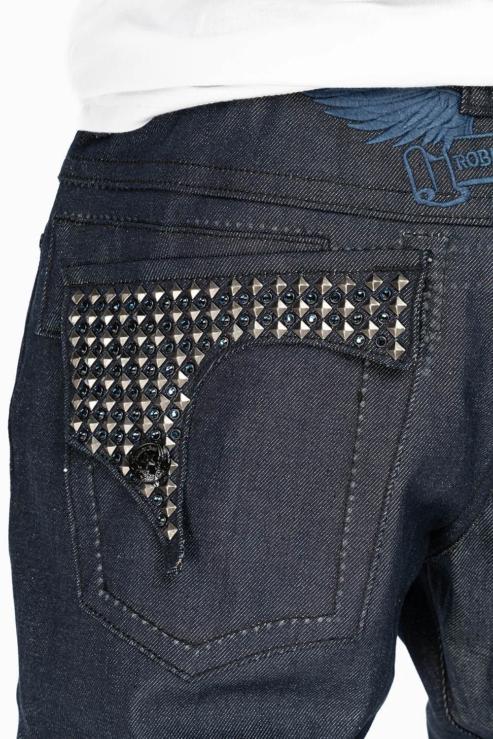 KILLER FLAP MENS SKINNY JEANS IN RINSED WASH WITH TONAL WINGS, STUDS AND CRYSTALS sold by Robin's Jean product image thumbnail 2