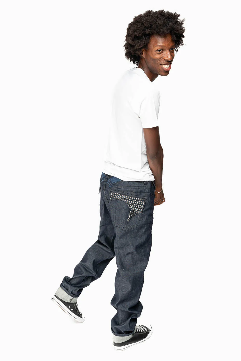 KILLER FLAP MENS SKINNY JEANS IN RINSED WASH WITH TONAL WINGS, STUDS AND CRYSTALS sold by Robin's Jean