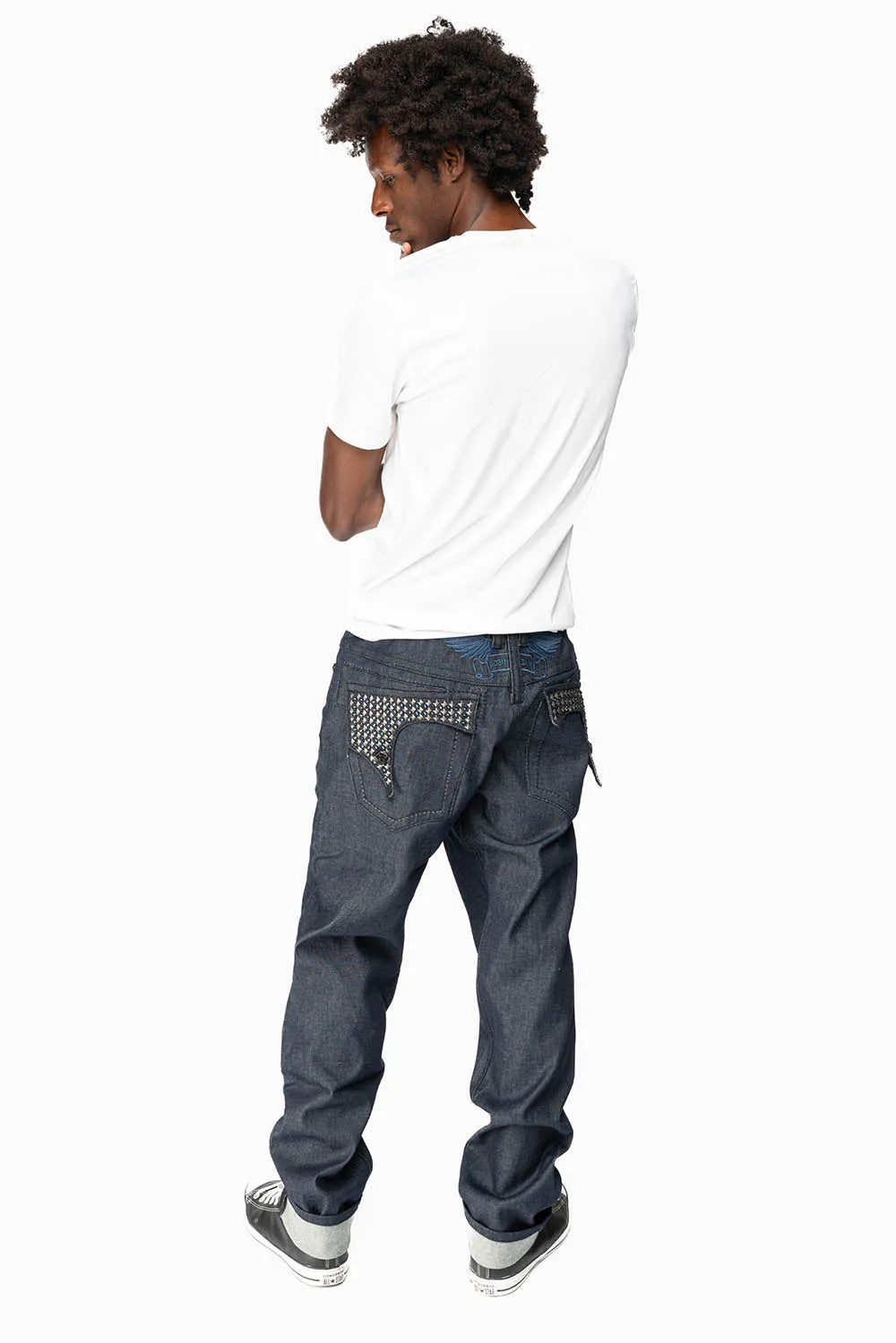 KILLER FLAP MENS SKINNY JEANS IN RINSED WASH WITH TONAL WINGS, STUDS AND CRYSTALS sold by Robin's Jean product image thumbnail 3