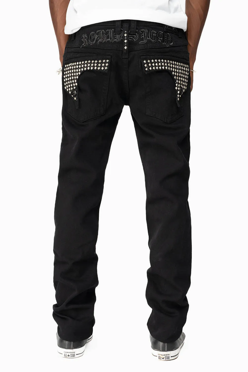 KILLER FLAP MENS SKINNY JEANS IN BLACK WITH EMBROIDERY, STUDS AND CRYSTALS sold by Robin's Jean product image thumbnail 3