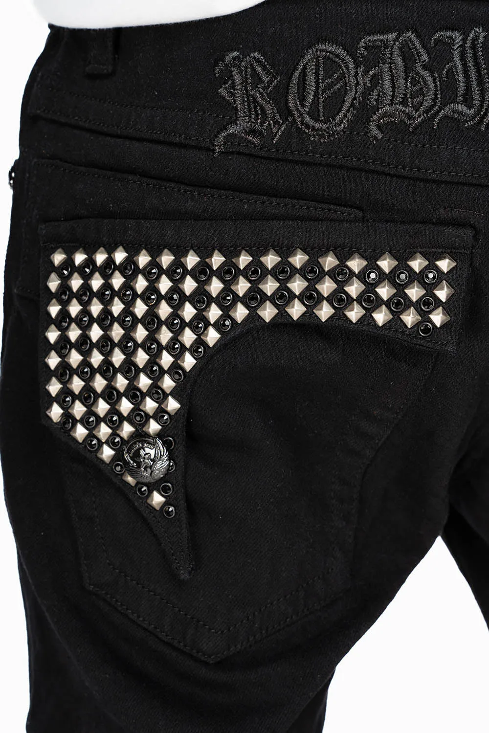 KILLER FLAP MENS SKINNY JEANS IN BLACK WITH EMBROIDERY, STUDS AND CRYSTALS sold by Robin's Jean product image thumbnail 2
