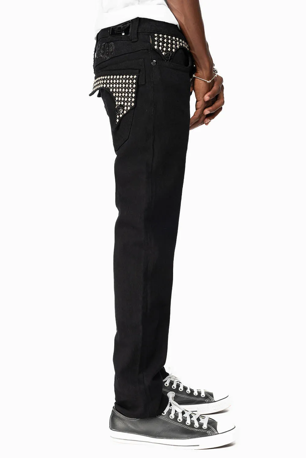 KILLER FLAP MENS SKINNY JEANS IN BLACK WITH EMBROIDERY, STUDS AND CRYSTALS sold by Robin's Jean product image thumbnail 5