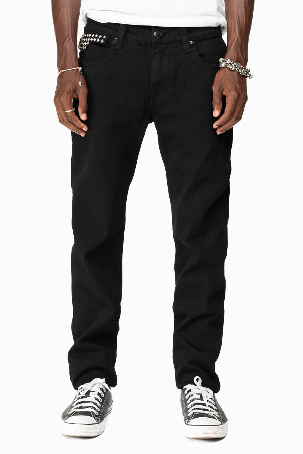 KILLER FLAP MENS SKINNY JEANS IN BLACK WITH EMBROIDERY, STUDS AND CRYSTALS sold by Robin's Jean product image thumbnail 4