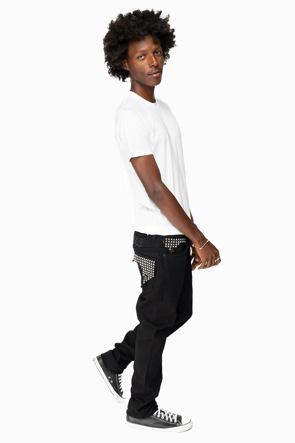 KILLER FLAP MENS SKINNY JEANS IN BLACK WITH EMBROIDERY, STUDS AND CRYSTALS sold by Robin's Jean