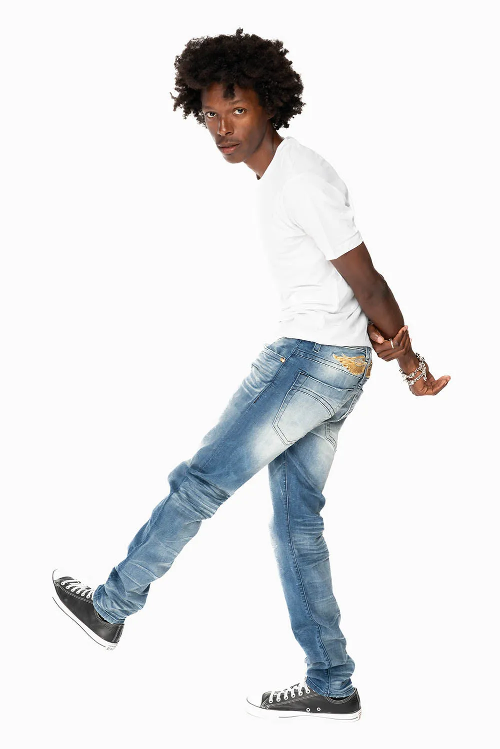 MENS SKINNY JEANS IN OMAHA MEDIUM WASH WITH GOLD WING EMBROIDERY sold by Robin's Jean product image thumbnail 4