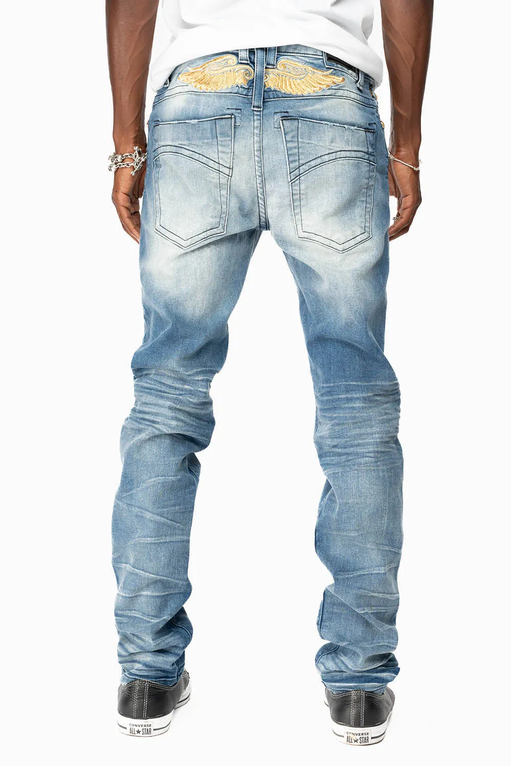 MENS SKINNY JEANS IN OMAHA MEDIUM WASH WITH GOLD WING EMBROIDERY sold by Robin's Jean product image thumbnail 2