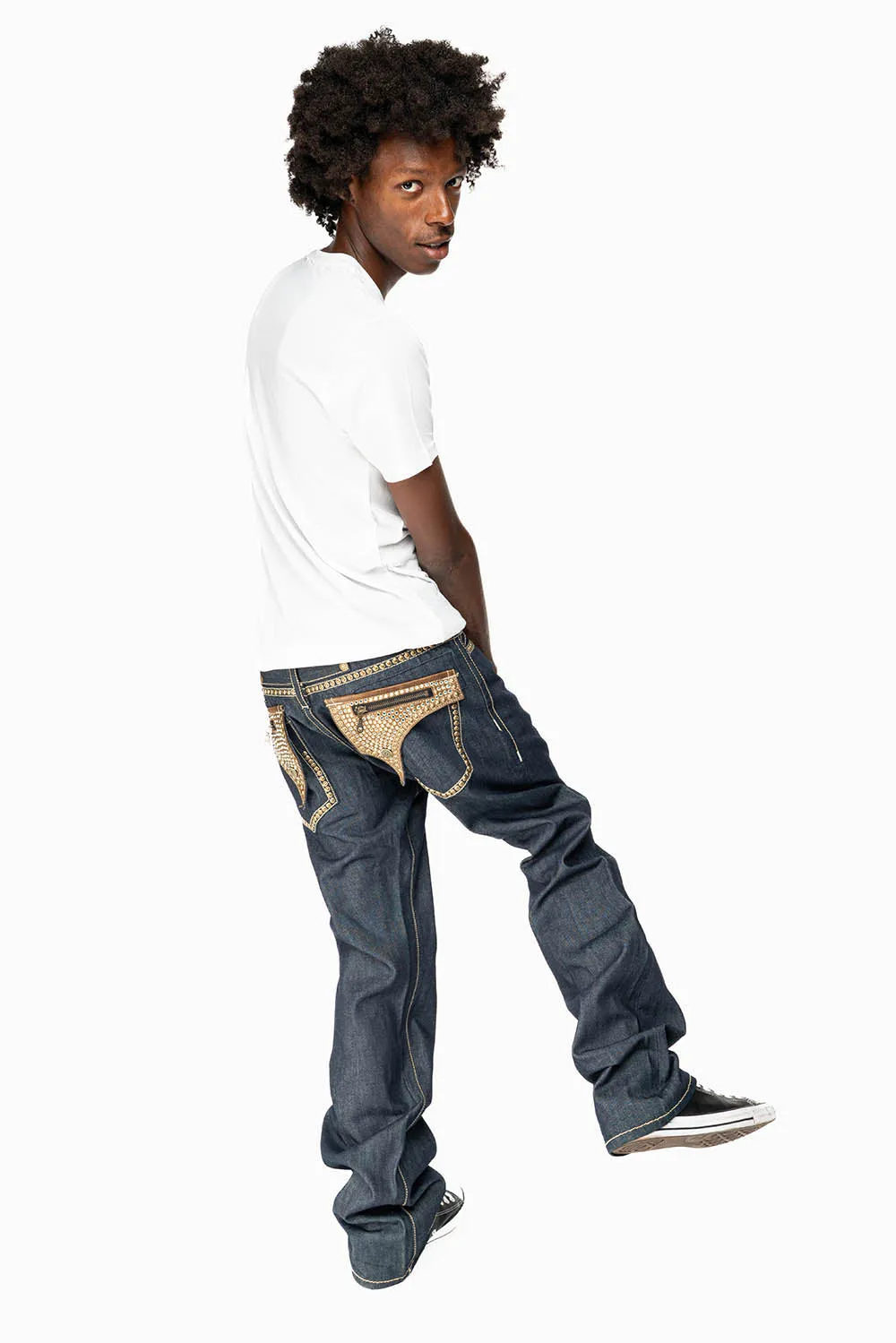 CLINT IN RINSE WASH BROWN LEATHER ZIPPER FLAPS FULLY EMBELLISHED WITH CRYSTALS AND STUDS sold by Robin's Jean